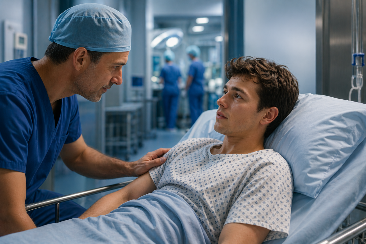 Arzt spricht ruhig mit einem jungen Patienten auf einer Krankenhausliege kurz vor einer Operation und legt ihm beruhigend die Hand auf den Arm. um dessen präoperative Angst reduzieren